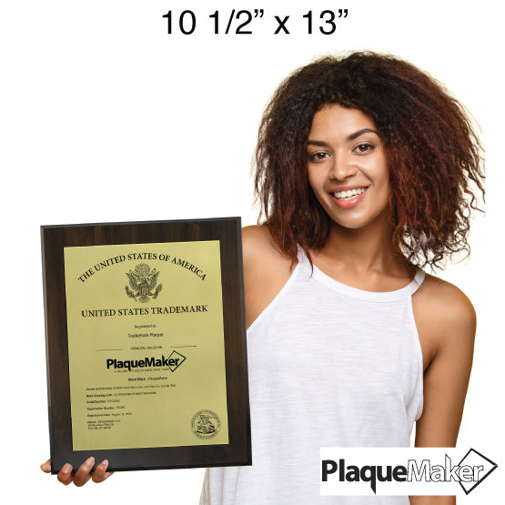 Size Guide With Woman Holding Custom Trademark Plaque With Gold Aluminum Plate On Wood Board