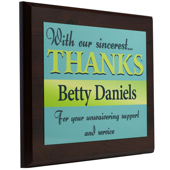 Custom Aluminum Thank You Plaque With Wood Board And Sincerest Thanks Message On Blue And Yellow Plate Design