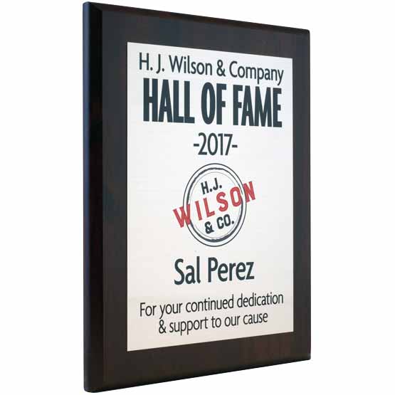 Custom Silver Aluminum Plaque Award For Dedication With Hall Of Fame Heading And Company Name On Black Board