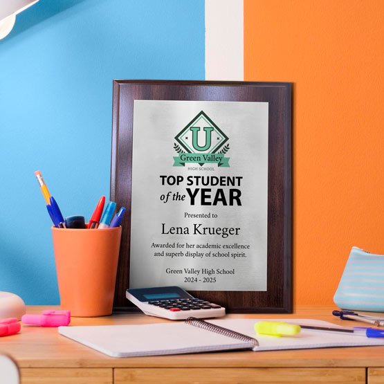 A silver metal ‘Top Student of the Year’ plaque for Lena Krueger from Green Valley High School, displayed on a wooden desk with school supplies against a blue and orange wall.