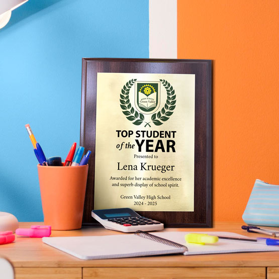 A gold metal ‘Top Student of the Year’ plaque for Lena Krueger from Green Valley High School, displayed on a wooden desk with school supplies against a blue and orange wall.