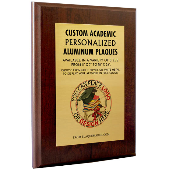 A personalized aluminum metal plaque with a cherry wood board and gold metal in the center, shown on a plain white background.
