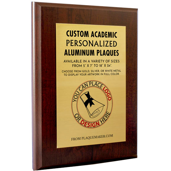 A personalized aluminum metal plaque with a cherry wood board and gold metal in the center, shown on a plain white background.