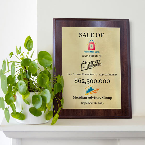 A personalized plaque with gold aluminum metal that announces a sale on a coated cherry wood board, displayed on a white mantelpiece next to a green potted plant.