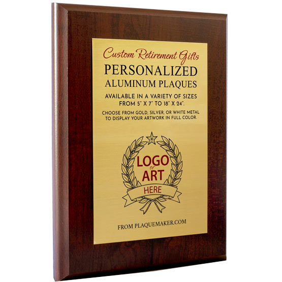 A custom gold aluminum metal plaque with a wooden board, sets at a slight angle on a white background, with printed text and placeholder artwork.