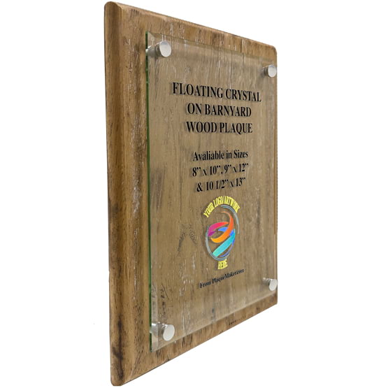 Floating Glass Plaque With Barnwood Style Board And Color Printed To Show Available Sizes And Customizable Areas