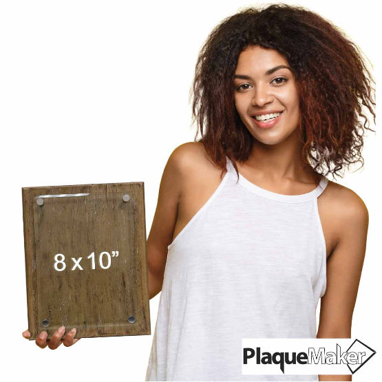 Size Guide Of Happy Woman Holding 8 By 10 Floating Glass Plaque With Barnwood Style Board And Showing Measurements
