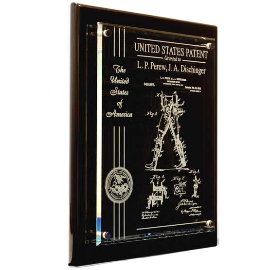 Custom Floating Glass Plaque With A Black Board And Frosted Engravings Of Patent Details And Ribbon And USPTO Seal