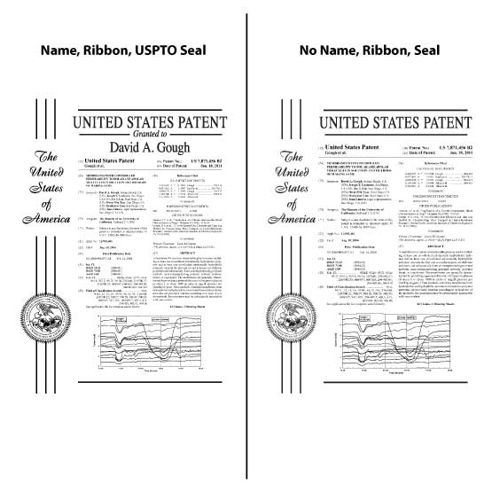 Two Different Layout Examples For Floating Glass Plaque With Name And Ribbon And USPTO Seal Or No Name And Ribbon And Seal