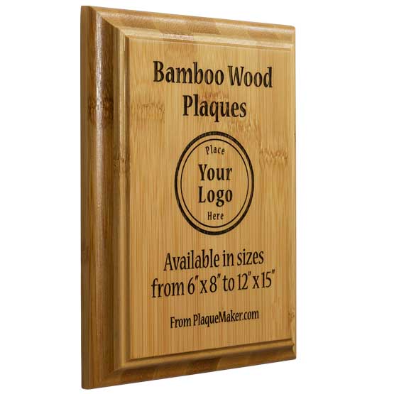 Custom Solid Bamboo Plaque Laser Engraved To Show Customizable Areas For Text And Art Against White Background