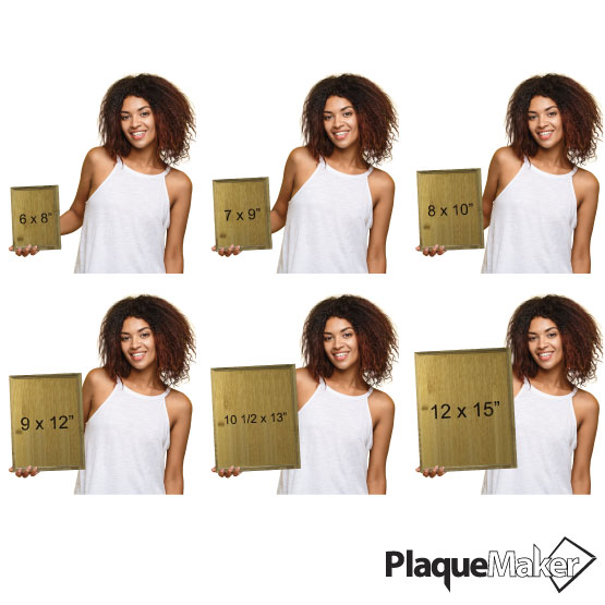 Size Guide With Happy Woman Holding Different Sizes Of Custom Solid Bamboo Plaque Showing Measurements