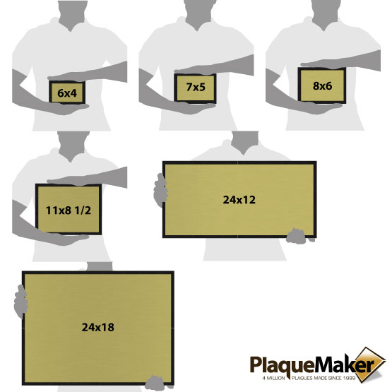 Size Guide With Blank Figures Holding Six Different Sizes Of Custom Brass Plaques With Black Granite Boards