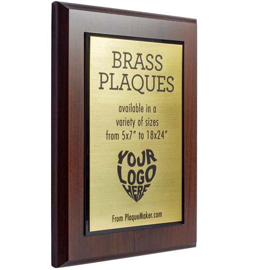 Custom Brass Plaque With Black Frame And Wood Board Showing Customizable Areas For Text And Logo
