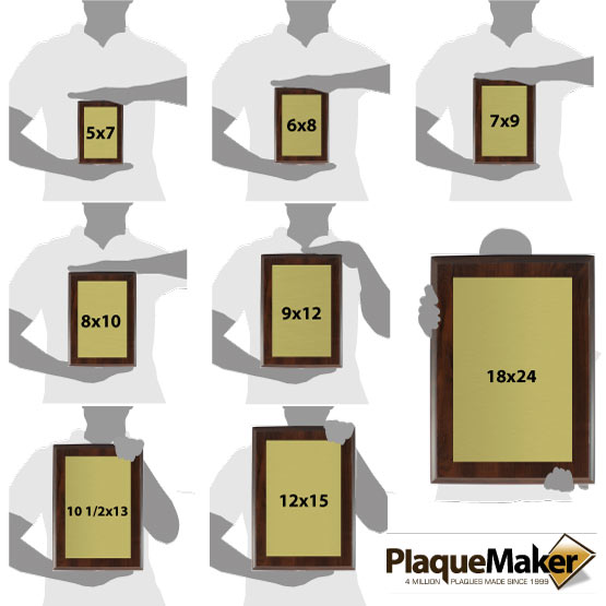 Size Guide With Blank Figures Holding Eight Different Sizes Of Custom Brass Plaques With Wood Boards