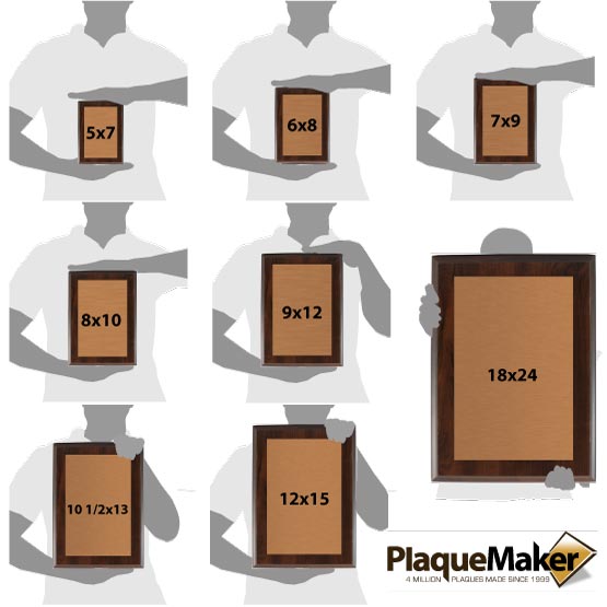 Size Guide With Blank Figures Holding Eight Different Sizes Of Custom Copper Plaques With Wood Boards