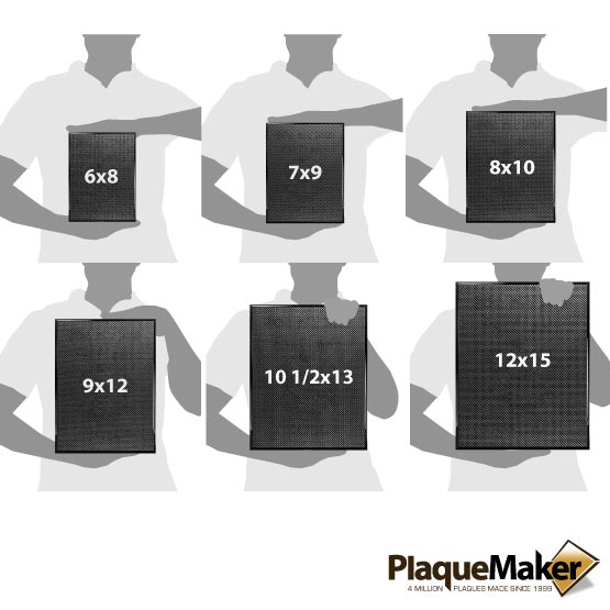 Size Guide With Blank Figure Holding Different Sizes Of Custom Carbon Fiber Plaque Against White Background