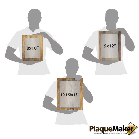 Size Guide With Blank Figures Holding Three Sizes Of Floating Acrylic Plaque With Driftwood Board Against A White Background
