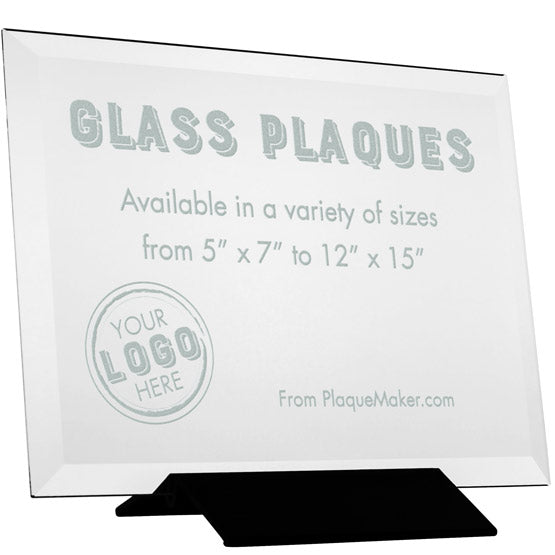 Custom Glass Plaque With Frosted Engravings Showing Customizable Areas For Text And Art Standing Via Black Base