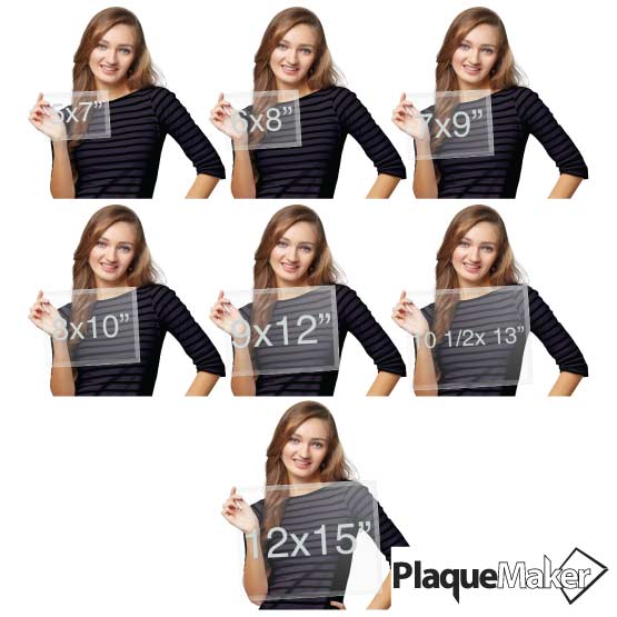 Size Guide With Woman Holding Different Sizes Of Custom Glass Plaque Showing Measurements Against A White Background