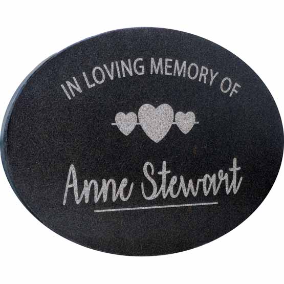 Oval Granite Plaque With Natural Light Flecks And Laser Engraved With Hearts And In Loving Memory Of Anne Stewart