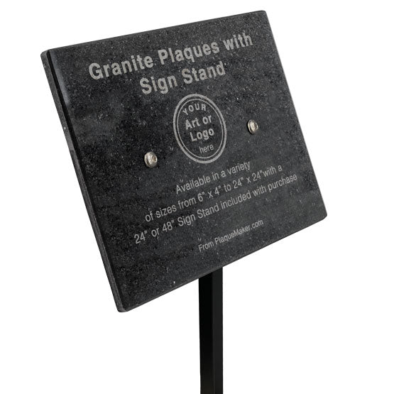 Custom Granite Plaque with attached sign stand and showing customization options and areas against white background.