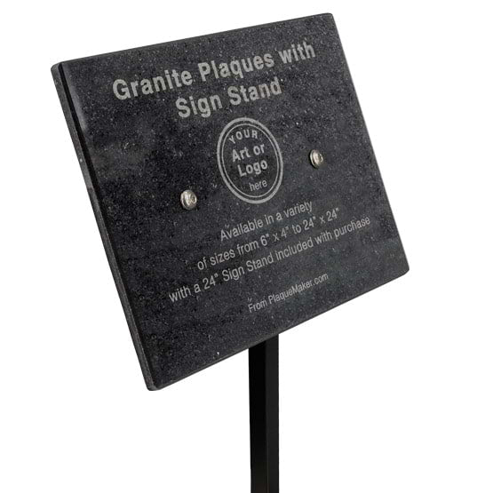 Custom Granite Plaque With Attached Sign Stand And Showing Customization Options And Areas Against White Background