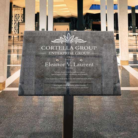 Granite Plaque Engraved With Custom Company Logo And Dedication Message Displayed Inside Lobby Via Sign Stand