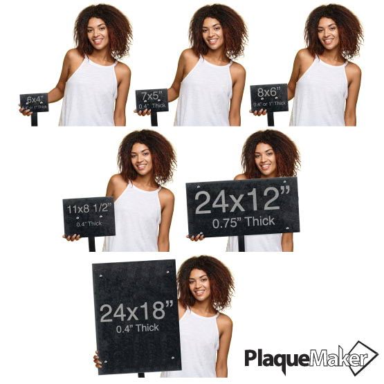 Size Guide Of Woman Holding Different Sizes Of Custom Granite Plaques With Sign Stands And Showing Measurements