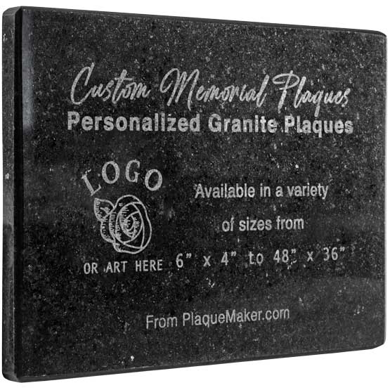 A custom black granite stone plaque with personalized engraved text and placeholder artwork, set at slight angle and displayed on a white background.