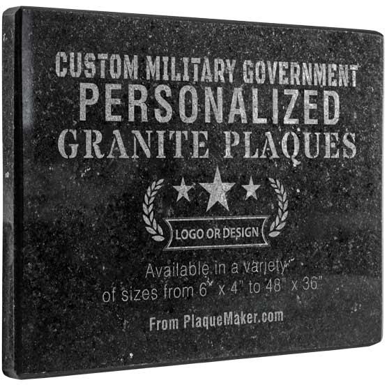 A custom black granite stone plaque with personalized engraved text and placeholder artwork, set at a slight angle and displayed on a white background.