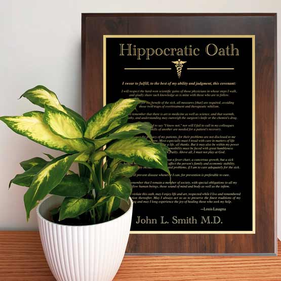 Laser Engraved Doctor's Hippocratic Oath Medical Plaque Near Potted Plant On Console Table.