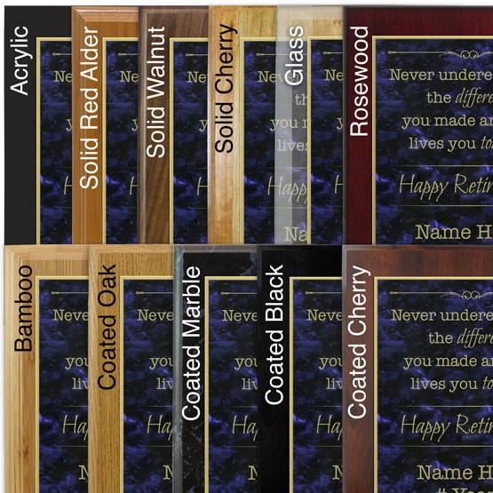 Comparison of board options with blue marble laser metal and gold engraving