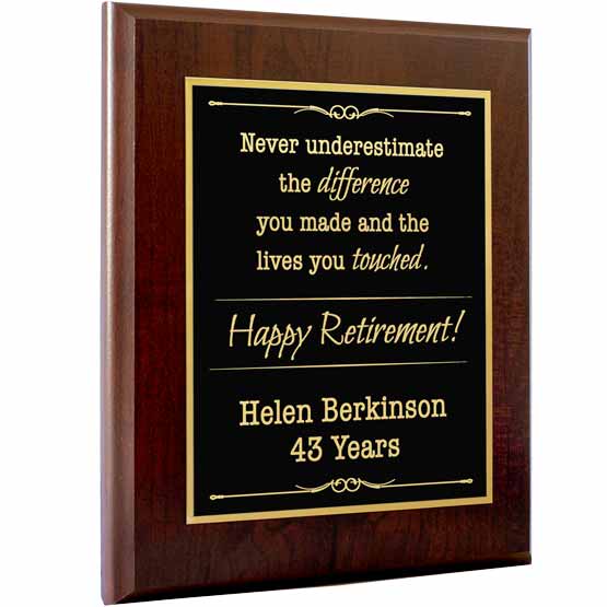 Retirement Plaque With Wood Board And Custom Text Featuring Name And Years Worked And Happy Retirement Message