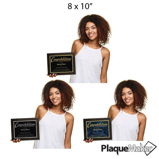 Size Guide Of Woman Holding Custom Retirement Plaque With black laser metal and gold engraving On Wood Board, black laser metal and silver engraving On Wood Board, And blue marble laser metal and gold engraving On Wood Board with Congratulations Message