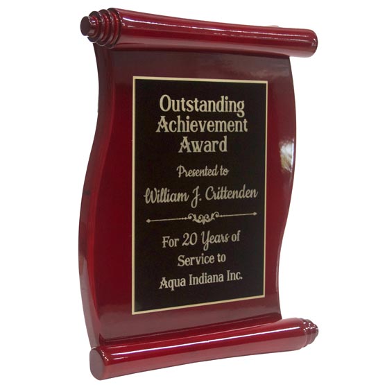 Rosewood Scroll Shaped Plaque With Black Aluminum Plate And Gold Engravings Showing Customizable Areas For Text And Art