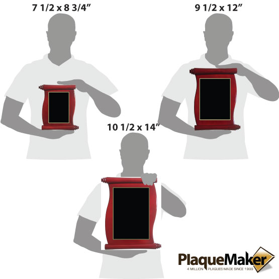 Size Guide With Blank Figures Holding Three Sizes Of Custom Rosewood Scroll Shaped Plaque With Black Metal Plate
