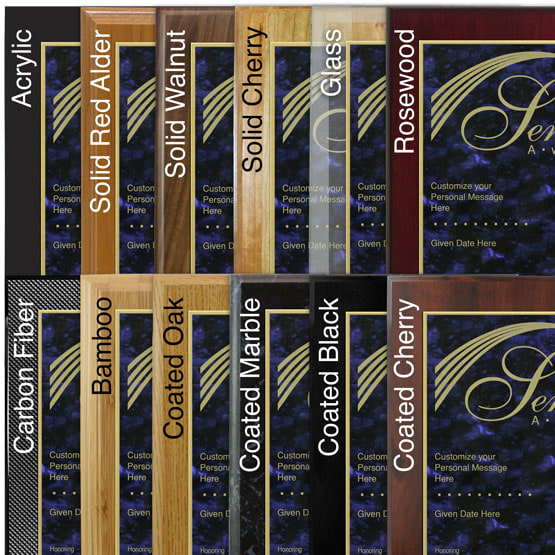 Comparison of board options with blue marble laser metal and gold engraving
