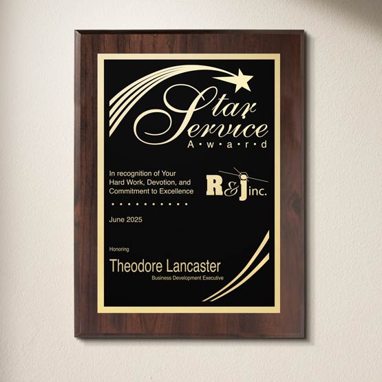Custom Engraved Star Service Plaque For Theodore Lancaster Hanging On Beige Wall.