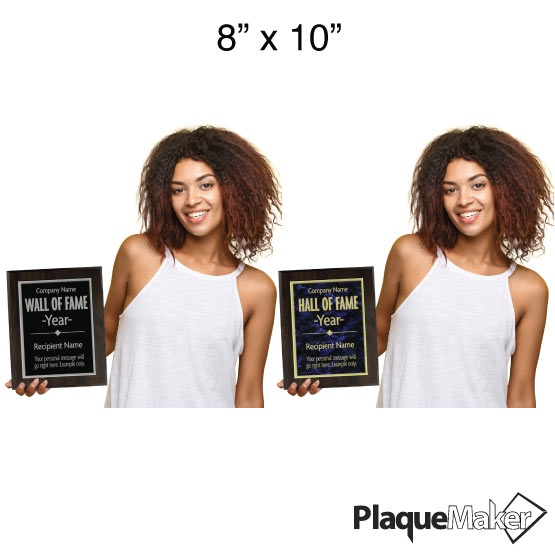 Size Guide With Woman Holding Custom Wall Of Fame Plaque Awards With Black Or Blue Marble Aluminum Plates