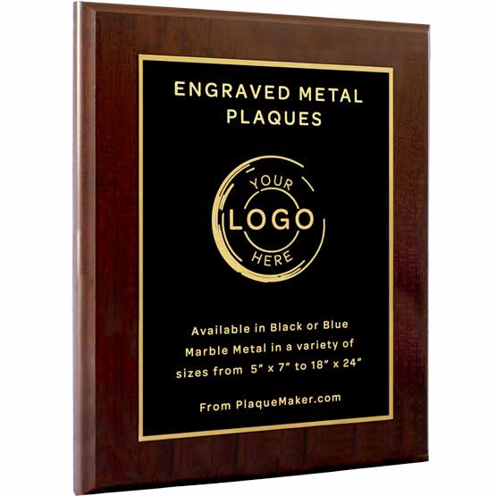 Custom Laser Engraved Metal Plaque With Gold Frame And Wood Board Showing Personalization Areas For Logo And Text