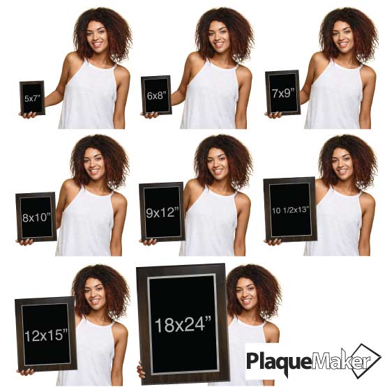 Size Guide With Happy Woman Holding Eight Different Sizes Of Custom Laser Engraved Plaques With Wood Boards