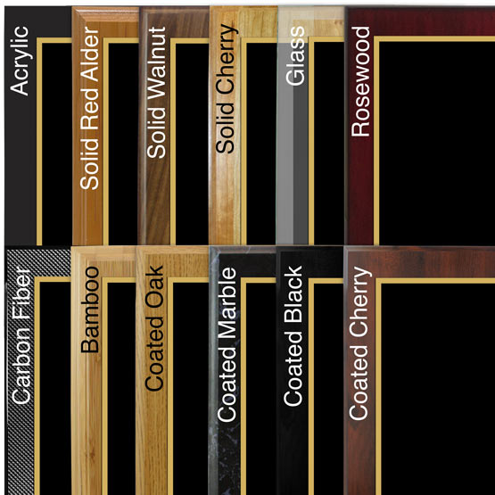 Comparison of board options with black with gold laser engraved aluminum.