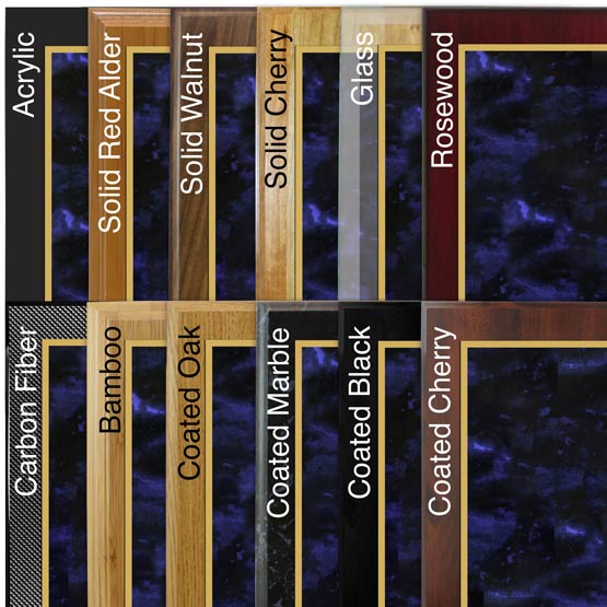 Comparison of board options with blue marble laser engraved aluminum.