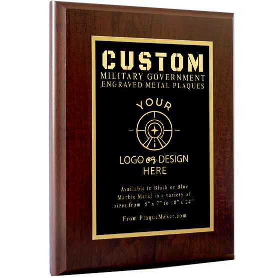 A custom engraved metal plaque with a cherry wood board and personalized engraved text and placeholder art, set at a slight angle and displayed on a white background.