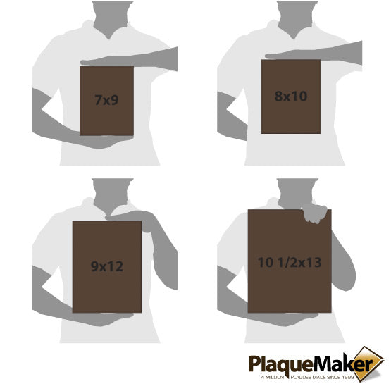 Size Guide With Blank Figures Holding Four Different Sizes Of Custom Black Faux Leather Plaque Against White Background