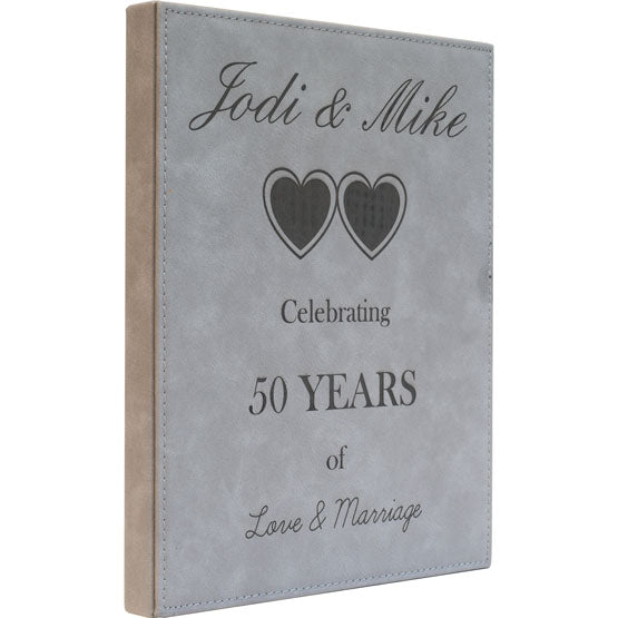 Custom Gray Faux Leather Plaque Laser Engraved With Hearts And Couple Names And Marriage Anniversary Message