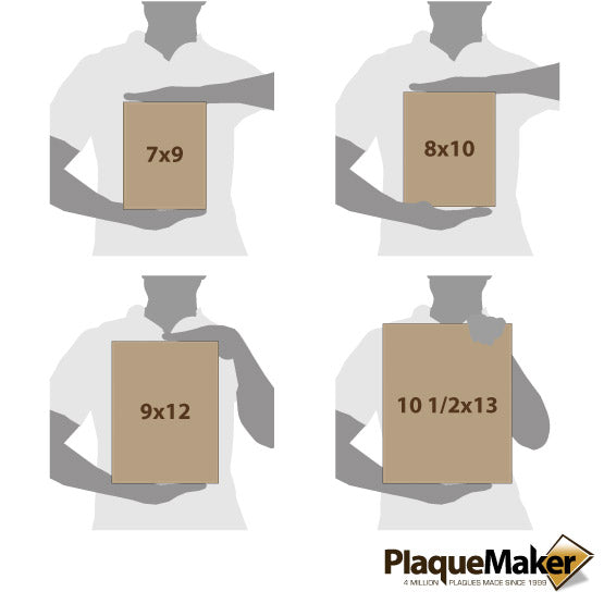 Size Guide With Blank Figures Holding Four Different Sizes Of Light Brown Faux Leather Plaque Against White Background