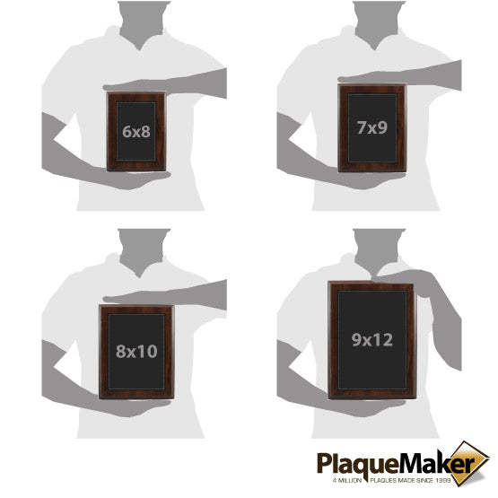 Size Guide With Blank Figures Holding Custom Plaque With Black Faux Leather Plate On Wood Board And Showing Measurements