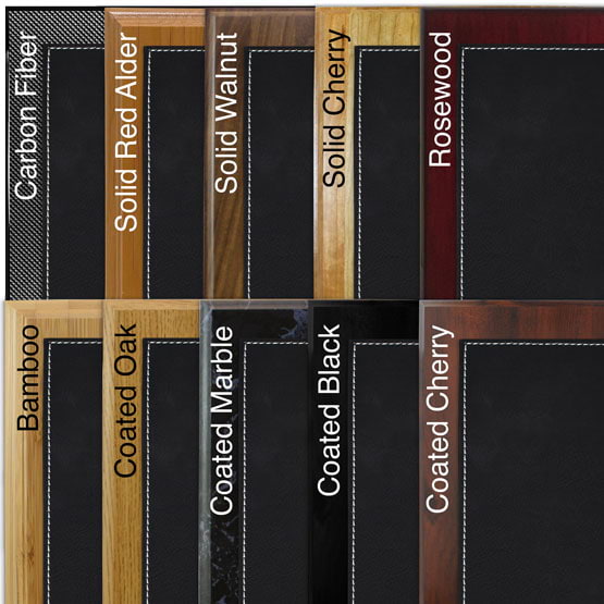 Comparison of board options with black faux leather plate.