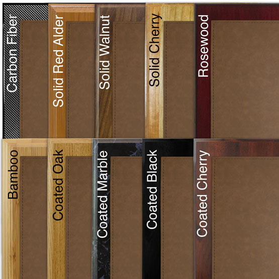 Comparison of board options with dark brown faux leather plate.